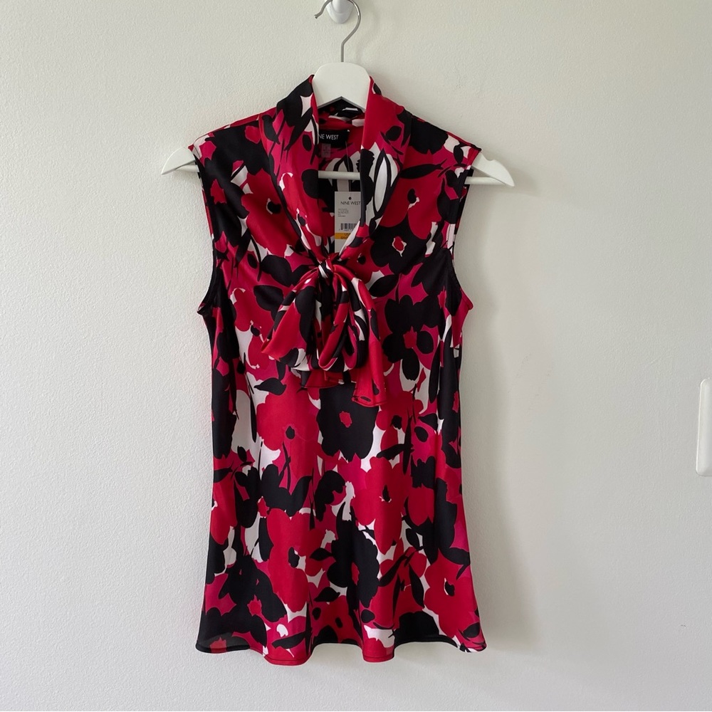 Nine West Women’s Fire Red Floral Sleeveless Tie Front Blouse